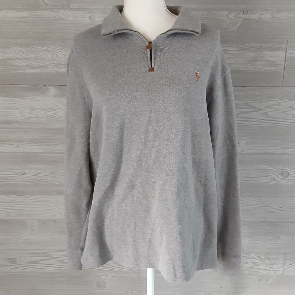 Polo Ralph Lauren Mens Quarter Zip Pullover Sweater Heather Grey L Logo **Flaw*